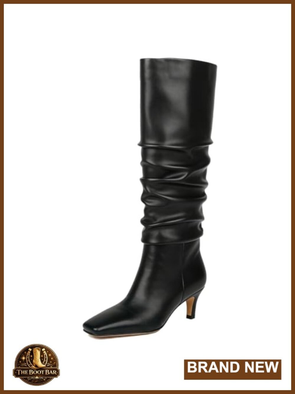 Knee High Slouch Boots Low Kitten Heel Square Toe PU Leather Comfortable